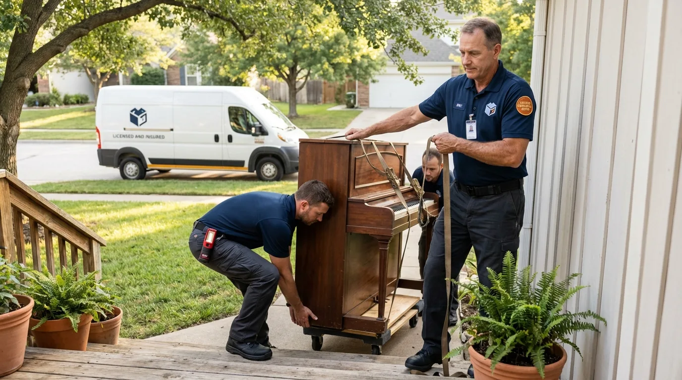 Licensed piano movers securing grand piano in Winsted, CT