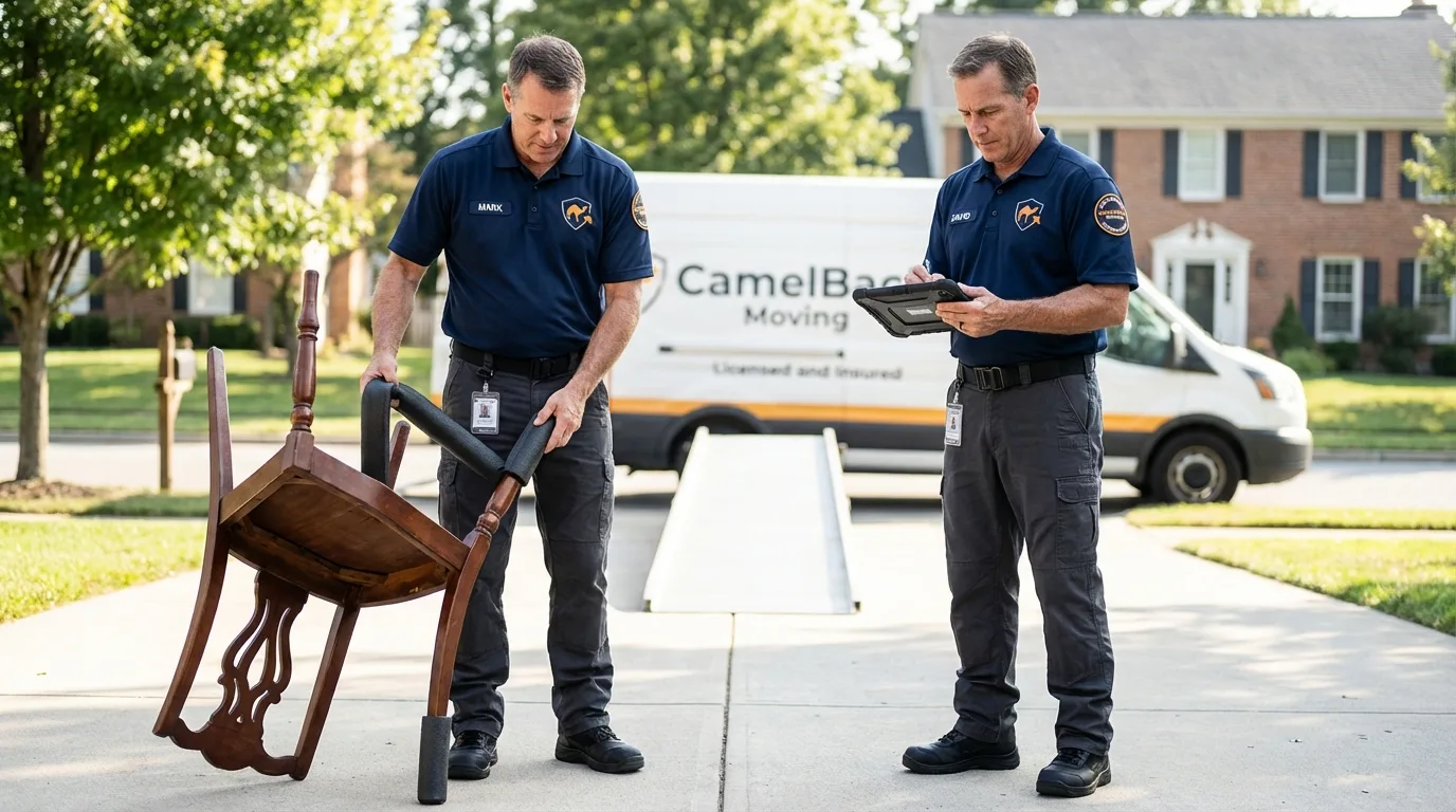 Movers inspecting furniture for damage prevention before loading in Winsted, CT