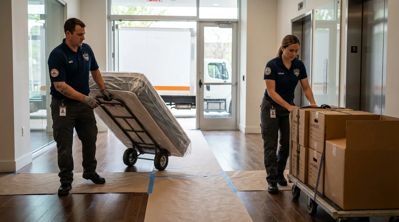 Professional apartment movers loading elevator in Winsted, CT