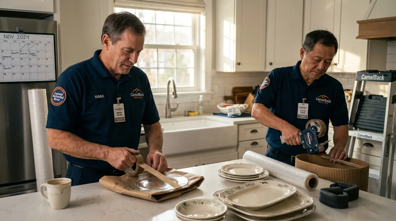 Professional crew packing kitchen dishware in Winsted, CT